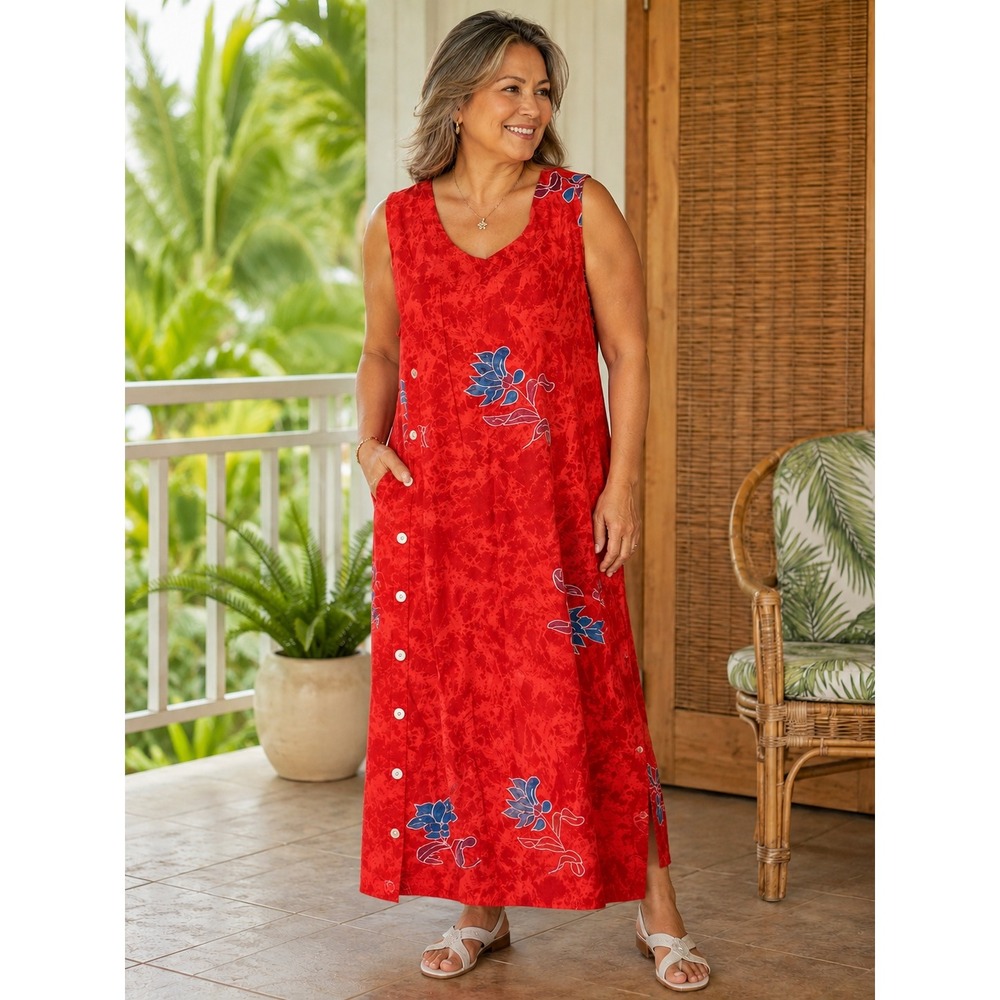 Vintage Hilo‎ Hattie Hawaiian Muumuu Maxi Dress XL Red Blue Floral Aloha Maxi